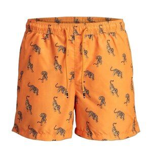 Jack and Jones Swim Shorts Men's Flame Orange Tiger Motif -‎ Size Large